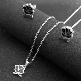 Necklace Earrings Set Gothic Rosa Pendant Stud Earring For Women Stainless Steel Sliver Color Aesthetic Chain Gift SXS07
