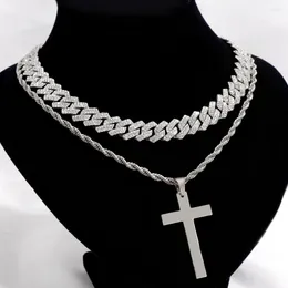 Chains Men Women Hip Hop Bling 14MM Cuban Chain Necklace Stainless Steel Cross Twisted Rope Set Iced Out Jewelry