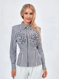 Women's Blouses Women S Button Down Plaid Shirt 3D Floral Lapel Collar Long Sleeve Tunic Blouse Top Elegant Office Dressy