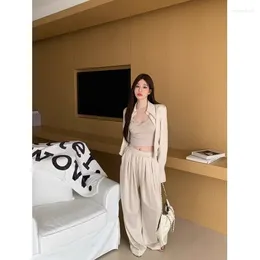 Women's Two Piece Pants Sweet Girl Suit Summer Thin Long-sleeved Shirt Casual Strap Top Straight Tube Wide Leg Fashion Three-piece Set