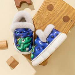 Dinosaur children's cotton slippers are warm in winter coffee and plush heel cotton shoes