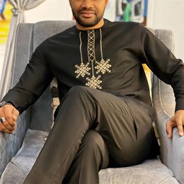 Men's Tracksuits Dashiki Shirt Cotton Blended Long-Sleeved Top With Black Ethnic Print Traditional 2-piece Pantsuit