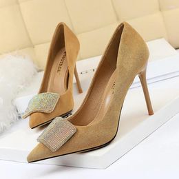 Dress Shoes BIGTREE Suede Shallow Mouth High Heels 2023 Fashion Crystal Buckle Pumps Kitten Sweet Ladies Party Wedding