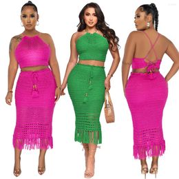 Work Dresses Sexy Bandage Backless Knitted Skirt Sets Summer 2 Piece Beach Wear Women Sling Crop Top And Tassel Long Skirts Bobo Clothes