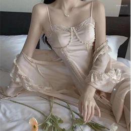 Women's Sleepwear Sexy Long Lace Trim Bathrobe Gown Nighty&robe Suspender Nightdress Female 2Pcs Summer Loose Satin Lingerie