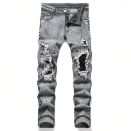 Men's Jeans Men Paisley Bandana Print Patch Streetwear Patchwork Holes Ripped Stretch Denim Pants Slim Straight Biker Trousers