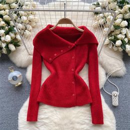 Women's Sweaters Clothland Women Stylish Knitting Sweater Turn Down Collar Candy Color Long Sleeve Stretchy Fashion Tops Mujer HA431