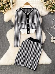 Work Dresses Autumn Retro Black/White Plaid Knitted Sets For Women Diamond Button Knit Cardigan Top Short Skirt Suit Knitwear 2 Piece Set