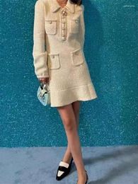 Casual Dresses Women Sequin Tweed Knit Mini Dress Slim Fit Ladies Long Sleeve Pearl Embedding Diamond Ruffles Trim Short Robes 2023 Winter
