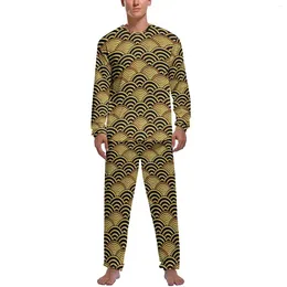 Men's Sleepwear Japanese Wave Pyjamas Long-Sleeve Gold Seigaiha 2 Piece Night Pyjama Sets Autumn Man Printed Elegant