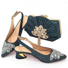 Dress Shoes Dark GreenWomen And Bag Set African Medium Heels Pumps Match With Handbag Sandals Escarpins Femmes Sandales CR935-2