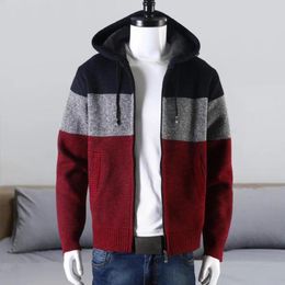 Men's Sweaters Winter Sweater Jacket Color Block Knitted Hooded Drawstring Thick Long Sleeve Warm Zippered Cardigan For Men