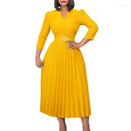 Ethnic Clothing African Dresses For Women 2023 Summer Elegant Office Ladies V-neck 3/4 Sleeve Pleated Dress Evening Party Robe With Belt