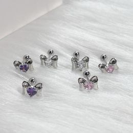 Stud Earrings Fashion Powder Love Zircon Bow Cochlear Girl Wind Niche Sweet Ear Bone Senior Feeling Jewelry Female Jewe