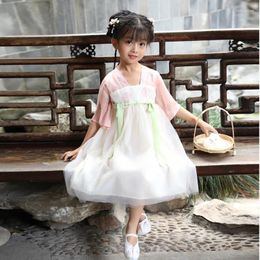 Girl Dresses Kids For Girls 2023 Spring&autumn Chinese Hanfu Style A-line Solid Square Collar Dress