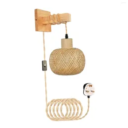 Wall Lamp Bamboo Sconce Mount E26 Base Hand Woven Bathroom Vanity Light For Home Stairs Living Room Balcony