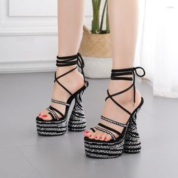 Sandals Rhinestone Chunky High Heels Round Toe Open Ladies 16cm Heel Shoes Platform Peep Cross Strap Women Sandalia