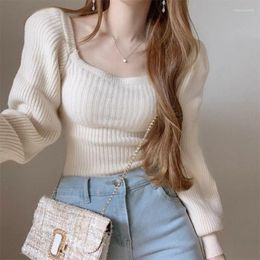 Women's Sweaters Shirts For Women 2023 Sueter Jersey Sweater Square Neck Puff Sleeved Knit Top Lazy Long Black Knitwear