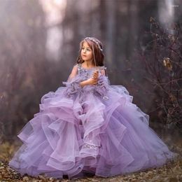 Girl Dresses Lavender Flower For Weddings Appliques Tulle Ruffles Long Sleeve Pageant Prom Party Dress Child Princess Ball Gown