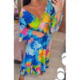 Casual Dresses Sexy Deep V-neck Boho Dress Women Summer Bell Sleeves Big Hem Floral Print Beach Party Female Elegant High Waist Robe