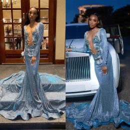 2023 Blue Prom Dresses Sparkly Sequins Long Sleeves Illusion Top Custom Made Pleats Beaded Evening Gown Formal Ocn Wear Vestidos Plus Size 403 403