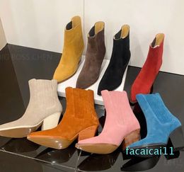 Top quality nubuck leather Chunky block heels Western boots Combat ankle boots Pointy fashion luxury designer boots women Blue Red pink yellow brown