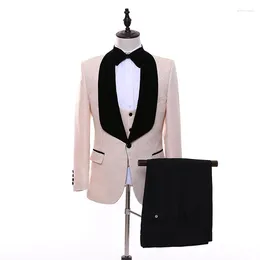 Men's Suits 3Pc Beige Flowers Patterned Suit Set Wedding Bridegroom Man Jacket Pant Vest Slim Fit Men Business High-quality
