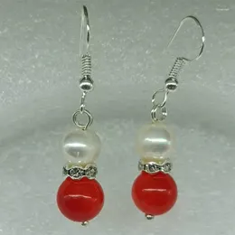 Dangle Earrings Charming 8mm Red Jade Round Beads &7-8mm White Freshwater Cultured Pearl Ladies Glamour Jewellery