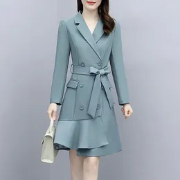 Women's Suits Spring Autumn Women Long Blazer Coat Irregular Ruffles Dress Vintage Double Breasted With Belt Notched Collar Office Casual