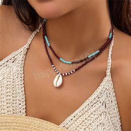 2Pcs Boho Ethnic Sea Shell Pendant Choker Necklace for Women Beach Vintage Seed Beads Adjustable Chain Y2K Jewellery Accessories