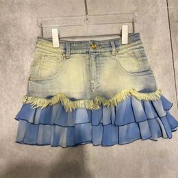 Skirts Summer Fashion Colour Contrast Patchwork Ruffled Hem Denim Skirt Women's Frayed Short Jeans Streetwear Mini Jupe Femme