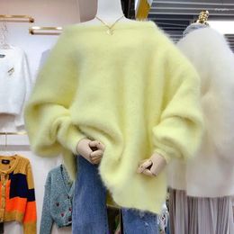 Women's Sweaters Chic Designer Autumn Winter Yellow Mink Cashmere Thick Warm Lazy Style Women O Neck Soft Mohair Knitted Loose Pullovers