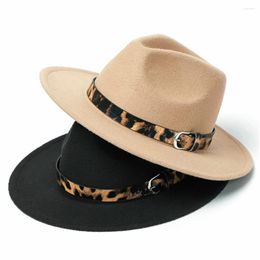 Berets Fedora Hat Wide Brim Woman Man Leopard Belt Felt Cap Outdoor Wool Hats Caps Adult Jazz Fashion Lady Trilby