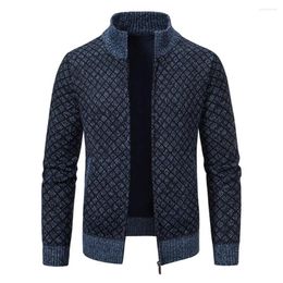 Men's Sweaters Men Fall Winter Cardigan Sweater Knitted Stand Collar Neck Protection Color Matching Zipper Closure Long Sleeve Coat Jacket