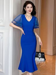 Basic Casual Women Dresses Summer French Style Elegant Women's Maxi Dress Blue Sheer Mesh Flare Sleeves Wrap Hip Fishtail Robe Female Party Prom Club Vestido 2024