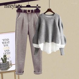 Women's Two Piece Pants Women Pullover Knitted Patchwork Tops And Tweed Long Sets Spring Female Set Korean Casual Outfits 2023