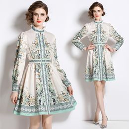 Floral Print White Mini Dress With Belt Women Designer Long Sleeve Stand Collar Party Elegant Fit Flare Dresses 2023 Spring Autumn Runway Versatile Vacation Frocks