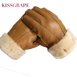 Five Fingers Gloves Men Winter Gloves Warm Genuine Sheep Fur Gloves for Men Thermal Goat Fur Cashmere Real Leather Snow Gloves Manual 231027