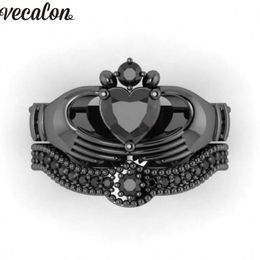 Vecalon New Female Black Birthstone claddagh ring 5A Zircon Cz Black gold filled Party wedding Band ring Bridal Sets for women281M