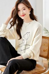 Women's Sweaters Tulip Jacquard Beige Thick Sweater Autumn And Winter Artistic Retro Soft Glutinous