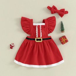 Girl Dresses Summer Christmas Kids Toddler Girls Dress Ruffle Sleeve Belt Headband Santa Outfit Xmas Clothes