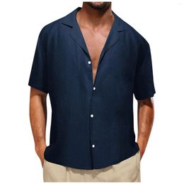 Men's Casual Shirts Vintage Shirt For Men Lapel Button Short Sleeved Cotton Linen Solid Clothes Cardigan Drop