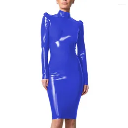 Casual Dresses Elegant Office Lady Long Sleeve Slim Knee-Length Dress Vinyl PVC Leather High Neck Bodycon Pencil Cocktail Party