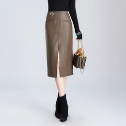 Skirts Women High Waist PU Leather Bodycon Pencil Skirt Autumn Winter Office Lady Elegant Chic Slim Casual Black Long 4XL 22881