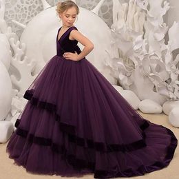 Girl Dresses Sleeveless V Neck Flower Velvet Long Child Birthday Wedding Party Tulle Layered Formal Evening Prom Gowns