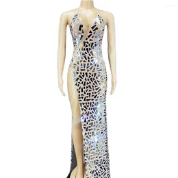 Stage Wear Shining Mirror Sequins Glitter Sexy Rhinestones Chain Halter Cross Backless Women Split Dress Evening Party Clothing Prom
