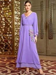 Ethnic Clothing Siskakia Turkish Abaya Woman Solid Diamonds Guipure Lace Insert Full Sleeve V-Neck Tunic Elegant Casual Muslim Long Dress