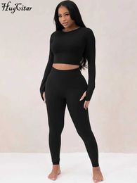 Urban Sexy Dresses Hugcitar Pure Color Long Sleeve Crop T-Shirt Legging 2 Piece Matching Sets 2023 Fall Women Fashion Streetwear Sports Tracksuit