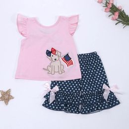 Clothing Sets Baby Kids Cotton Pink T-shirt Set Round Neck Dog Embroidery Girl Top Clothes And Star Print Black Shorts Bow Decorate Suit