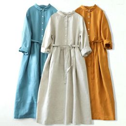 Casual Dresses Cotton Linen Long-sleeved Doll Collar Dress Spring And Fall Korean Version Of The Loose Tie Temperament